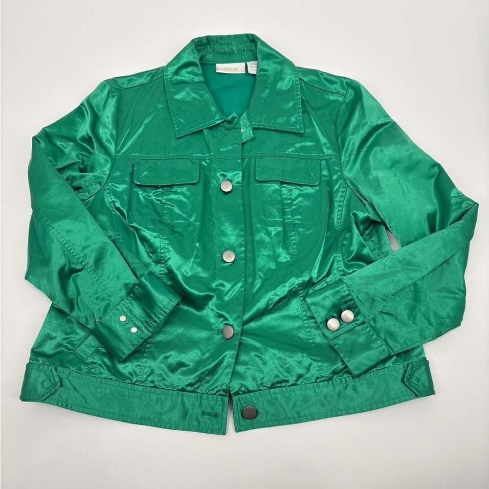 Chicos | emerald Green Satin truckerJacket